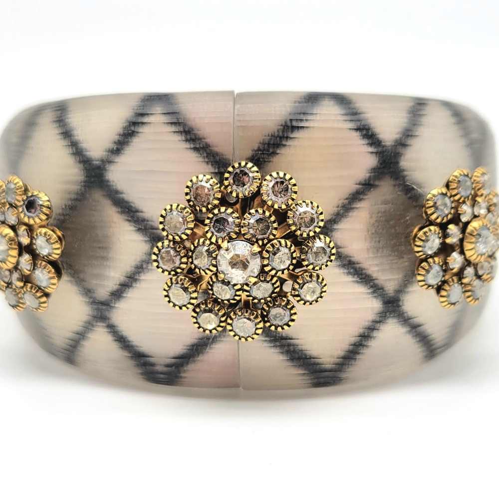 Alexis Bittar Lattice Lucite Hinged Bangle w/ Diamond Swarovski Crystal Flowers